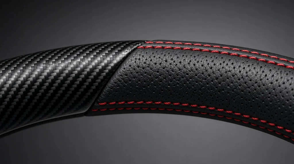 Close-up of gloss twill carbon fiber, perforated black Nappa leather and red stitching on a YINGGENE BMW 2 Series steering wheel