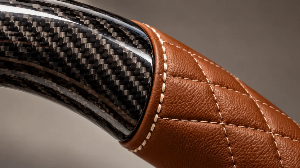 Close-up of gloss twill carbon fiber, quilted cognac Nappa leather and cream stitching on a YINGGENE BMW X5 steering wheel
