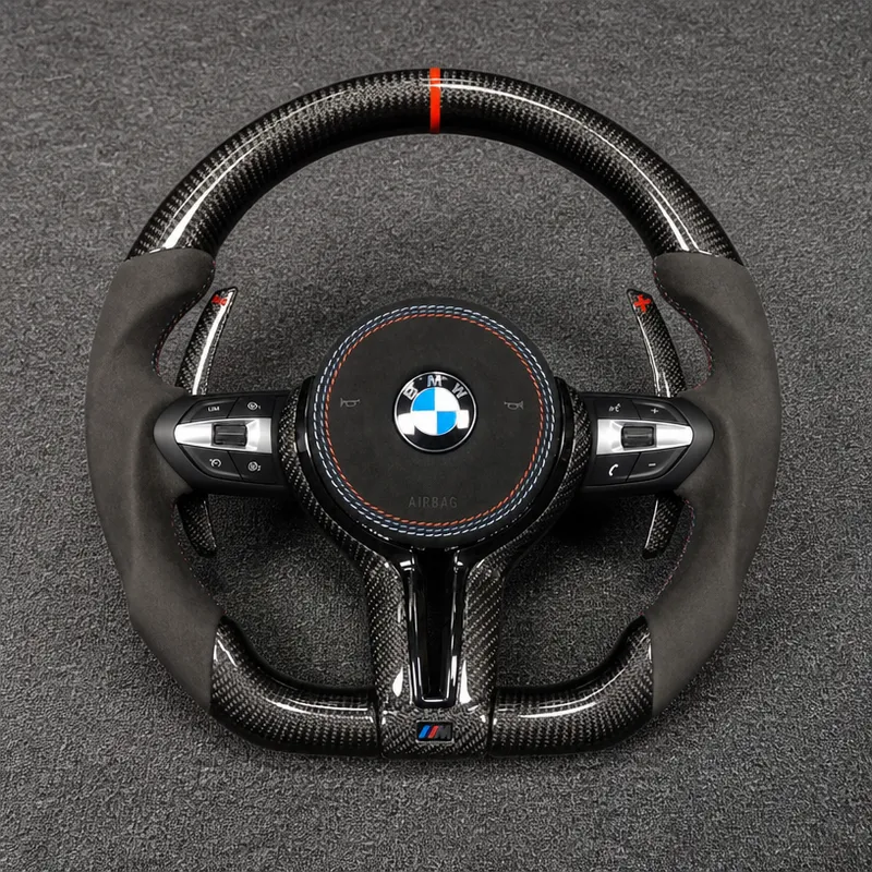 BMW F30 Custom Carbon Fiber Steering Wheel โ YINGGENE BMW F30 custom forged carbon and Alcantara steering wheel closeup